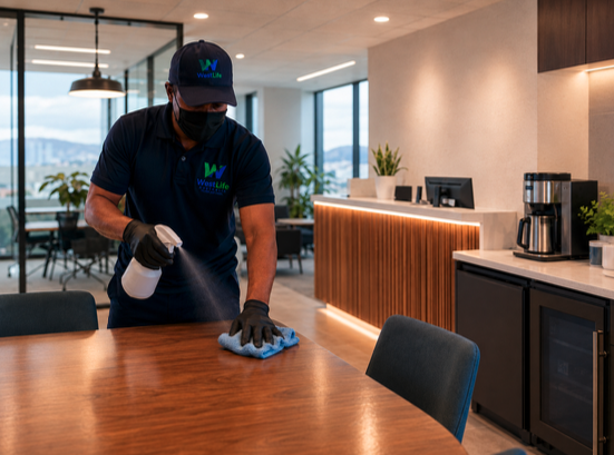 Commercial cleaner sanitising workplace surfaces in Hobart business office