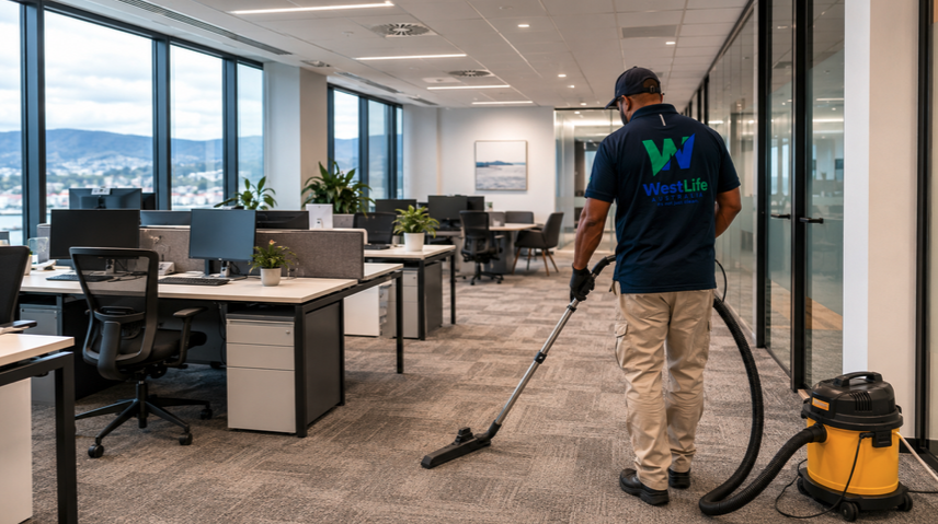 Professional cleaning services in a modern Hobart office workspace