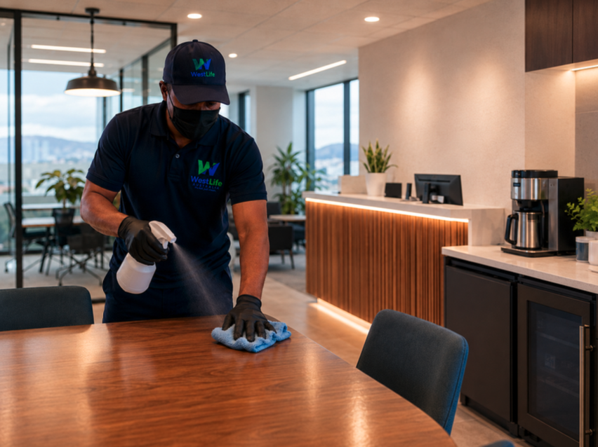 Commercial cleaner sanitising workplace surfaces in Hobart business office