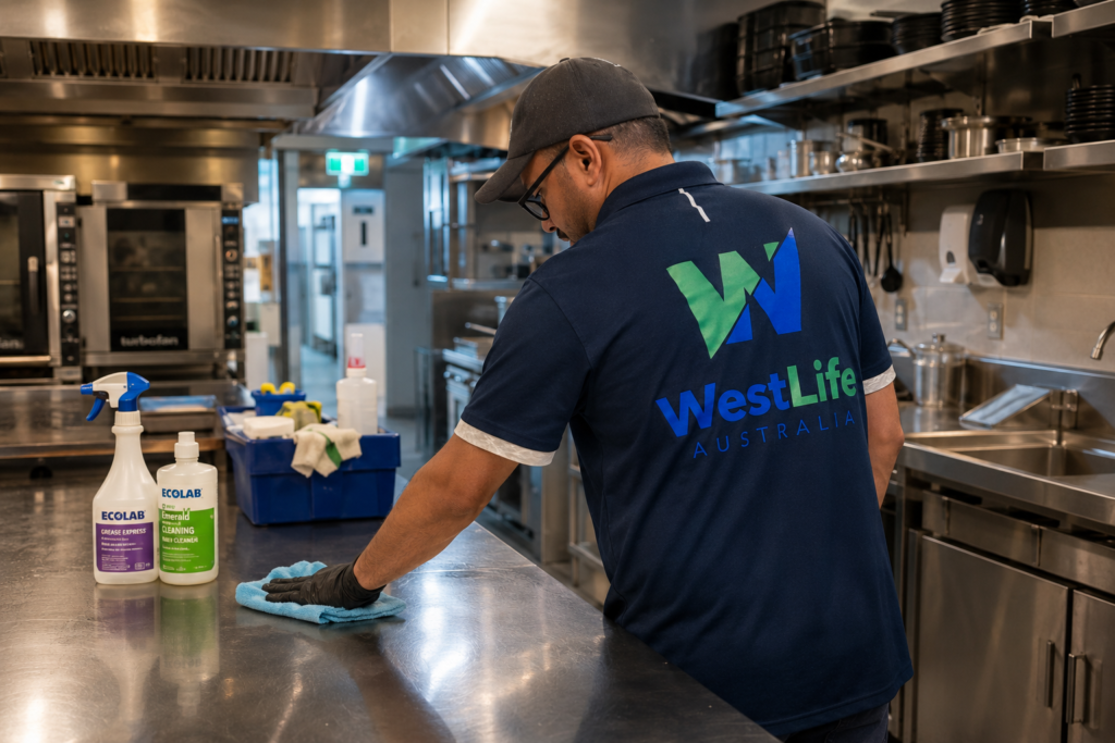 Professional cleaner degreasing a commercial kitchen preparation surface.