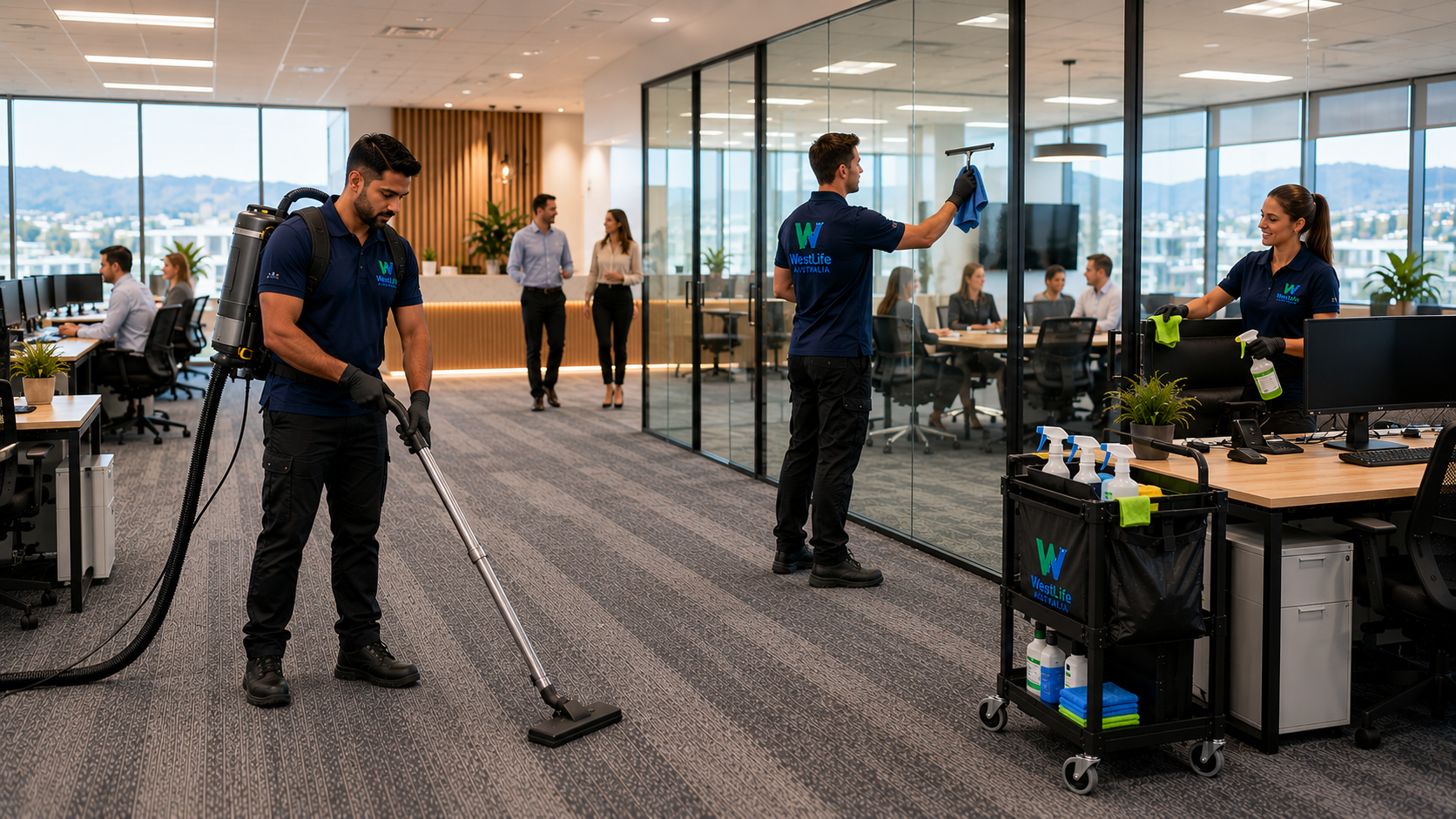 Professional commercial cleaners providing office cleaning services in Hobart for a modern business workplace.