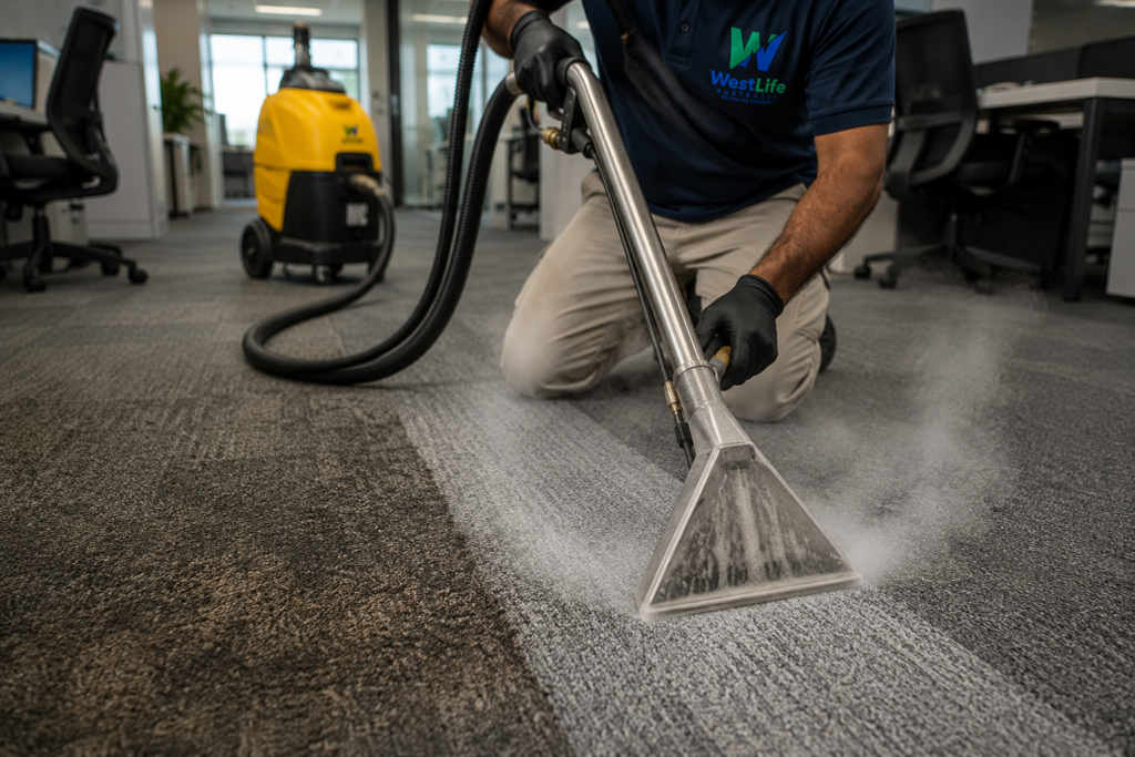 Steam carpet cleaning in progress showing deep extraction of dirt from office flooring.