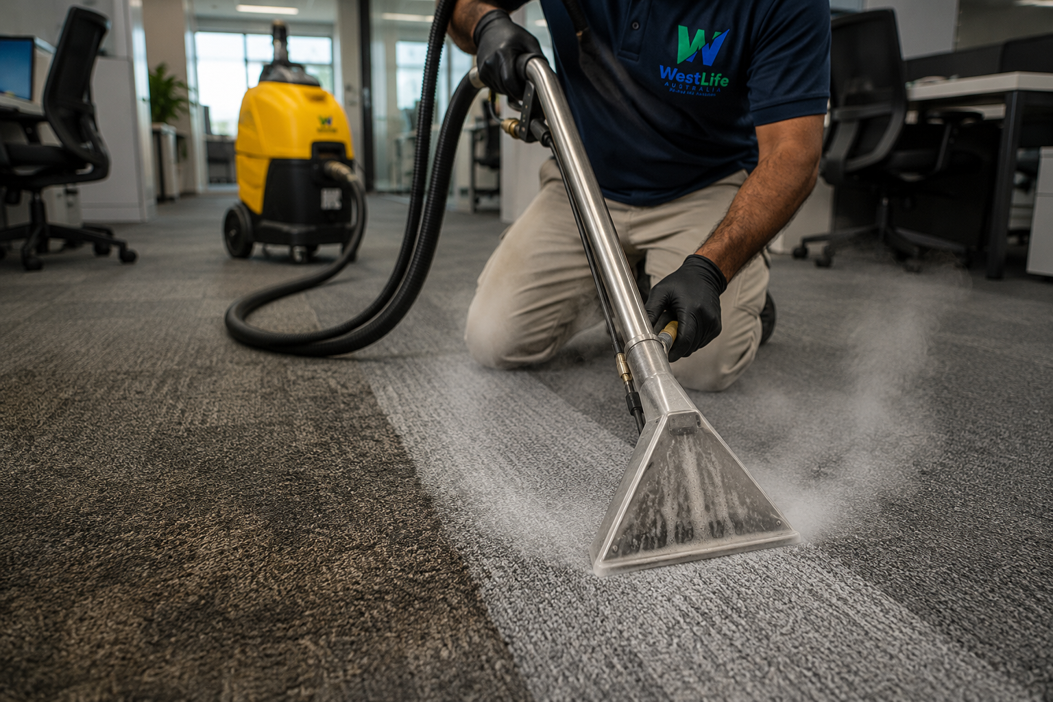 Steam carpet cleaning in progress showing deep extraction of dirt from office flooring.