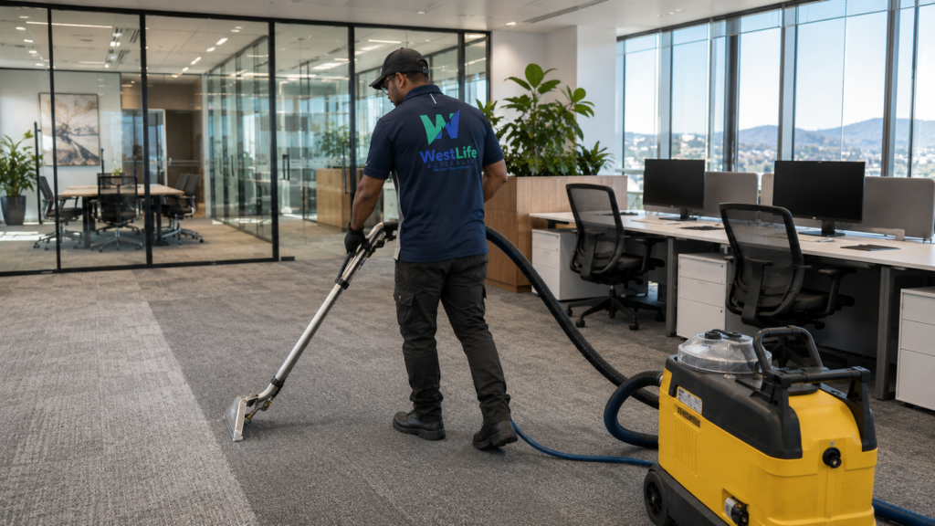 Professional steam cleaning of commercial office carpets in Hobart using hot water extraction equipment.
