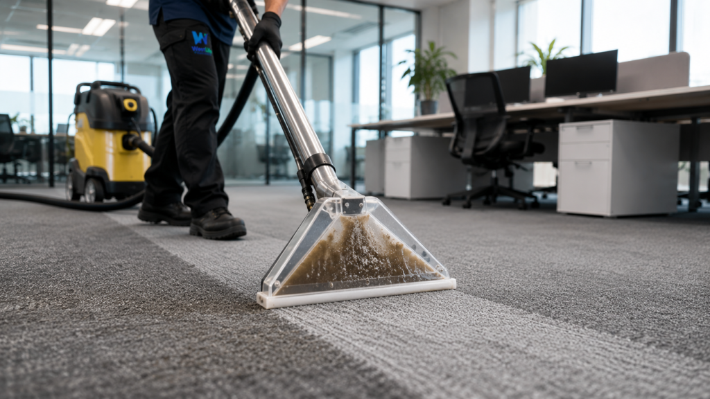 Commercial steam cleaning removing dirt and allergens from office carpet with professional extraction equipment.