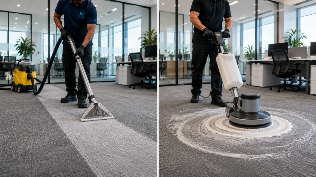Comparison of steam cleaning and regular carpet cleaning methods for commercial carpets.