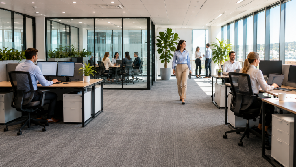 Freshly steam-cleaned commercial office carpet creating a healthier workplace environment.