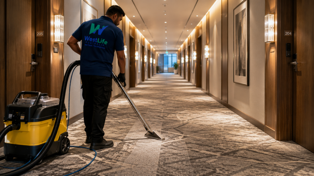 Professional steam cleaning maintaining commercial carpets in a Hobart hotel.