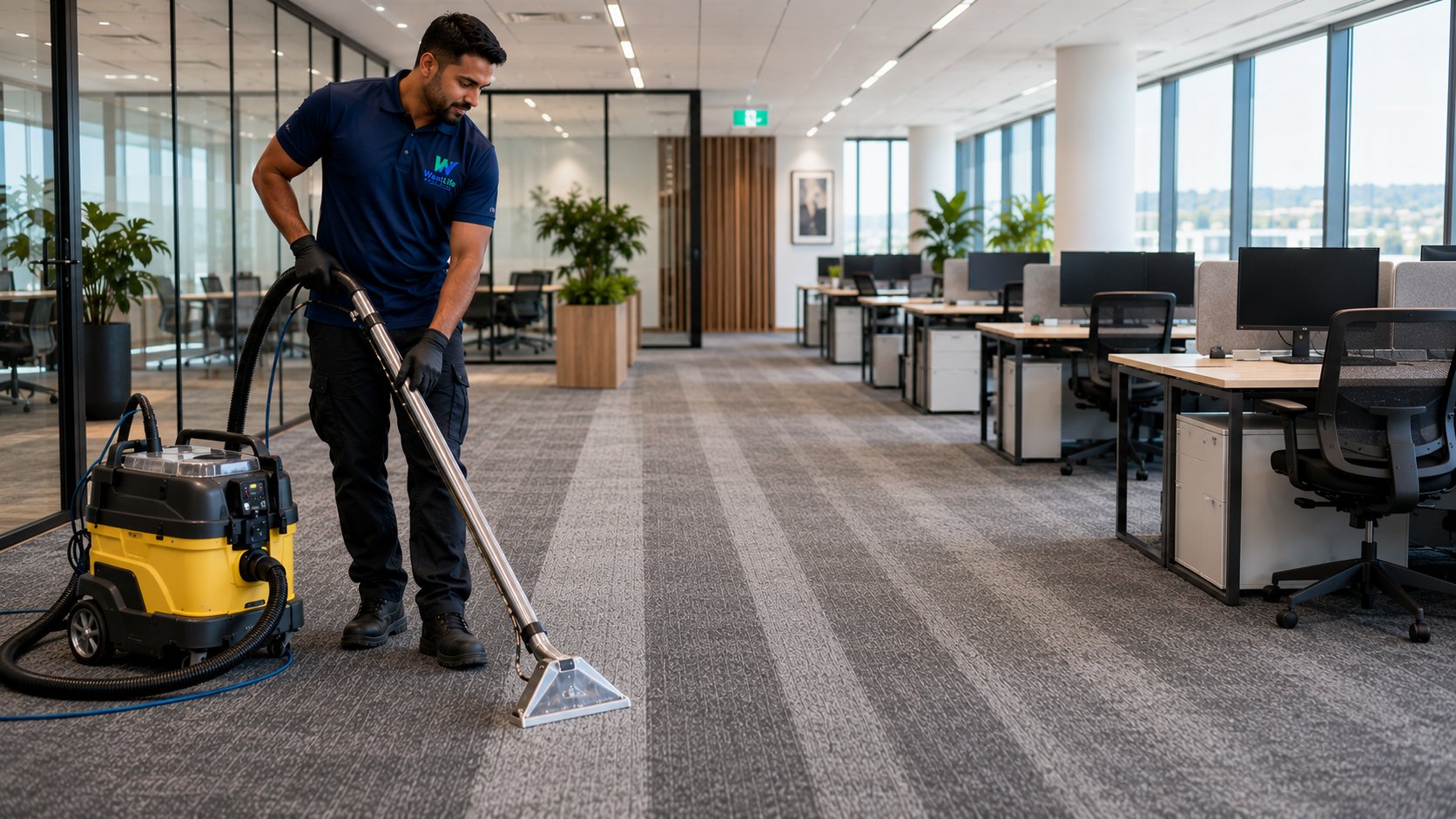 Professional commercial carpet cleaning in Hobart using industrial steam cleaning equipment inside a modern office.