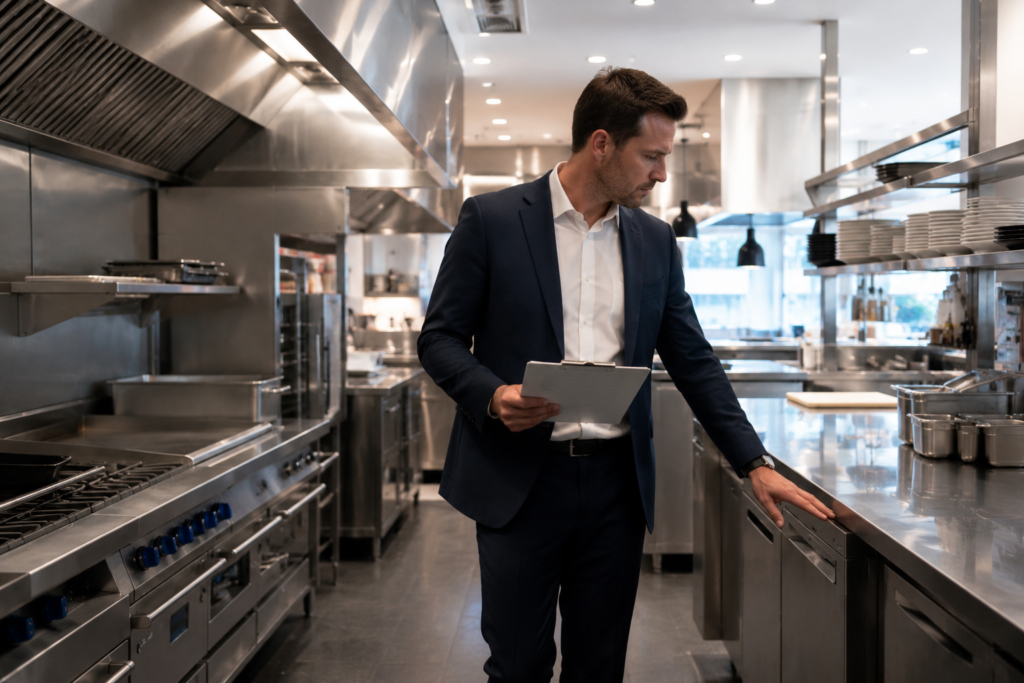 Restaurant manager reviewing a commercial kitchen after a professional kitchen cleaning service in Hobart.