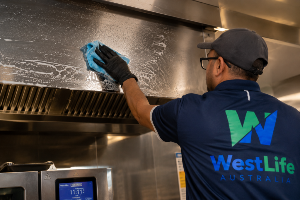 Commercial kitchen equipment being cleaned to remove grease and food residue.