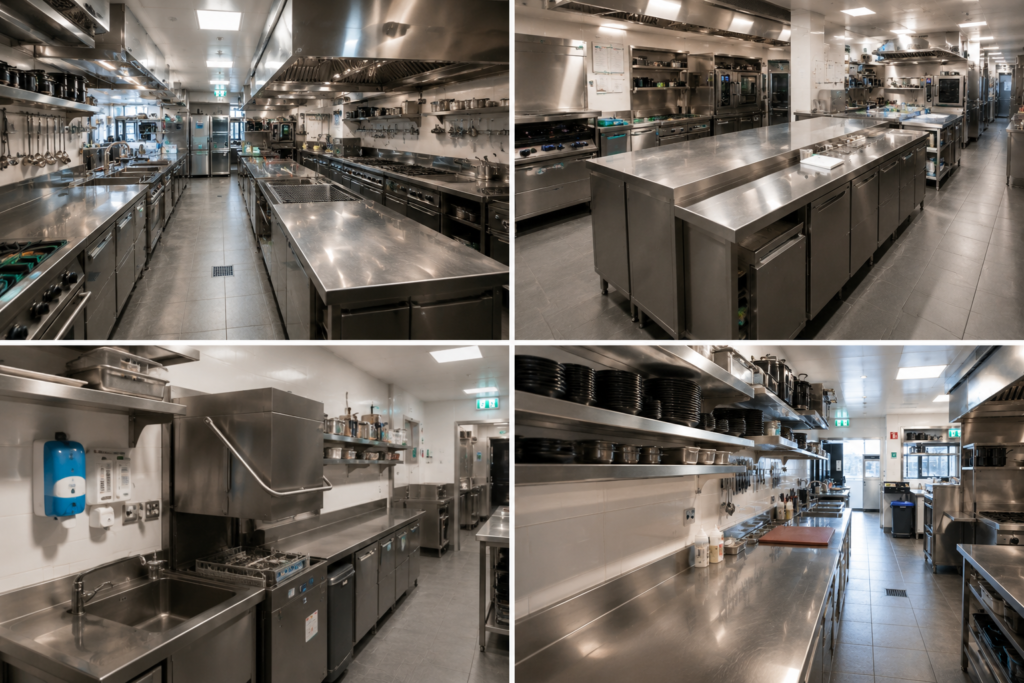 Freshly cleaned commercial kitchen with polished surfaces and organised workstations.