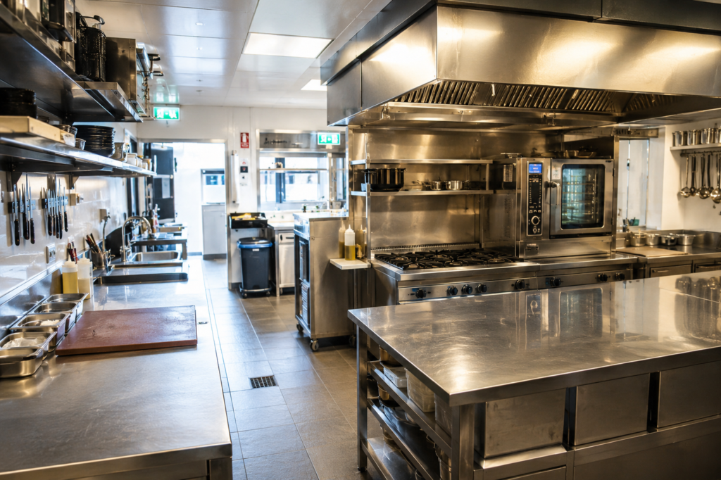 Clean commercial kitchen with stainless steel preparation areas in a Hobart hospitality venue.
