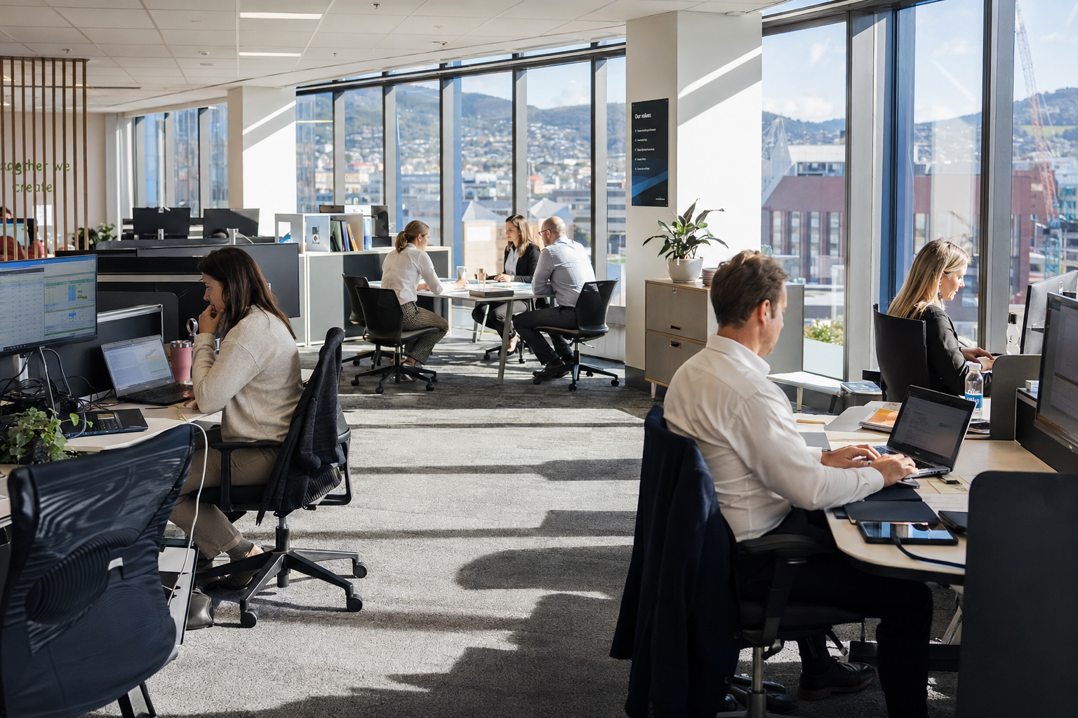 Clean carpet in a modern Hobart office with employees working in a professional environment.