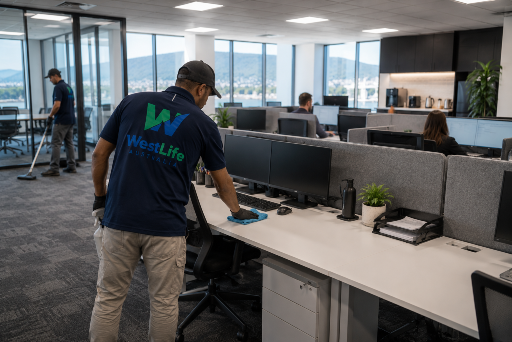 Professional cleaner inspecting a commercial office in Hobart