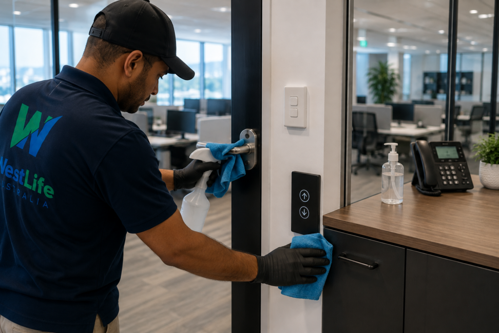 Cleaner disinfecting high-touch surfaces in a Hobart office