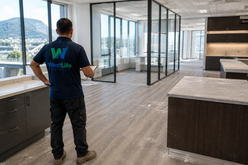 Professional cleaner inspecting a newly completed commercial building for construction dust in Hobart.