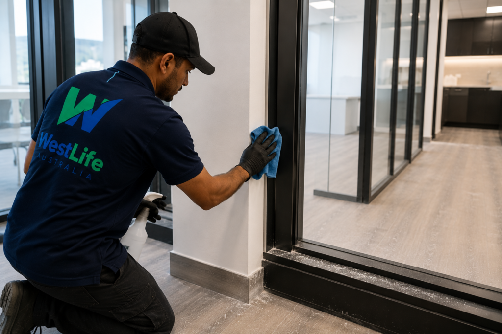 Cleaner removing construction dust from window frames, skirting boards and fixtures in a commercial office.