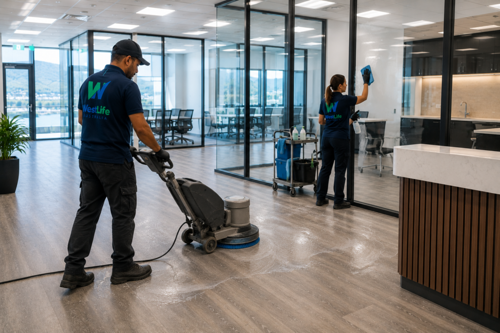 Professional cleaning team completing detailed post-construction cleaning inside a modern commercial property.