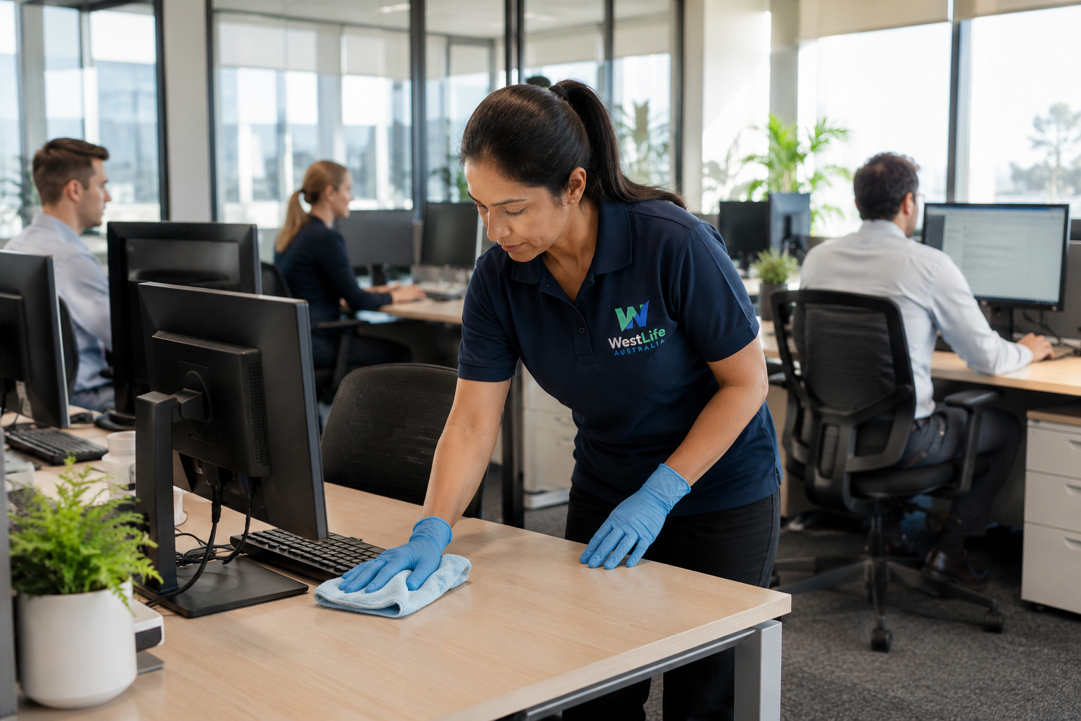 Westlife Australia cleaner inspecting and cleaning workstations in a modern Hobart commercial office