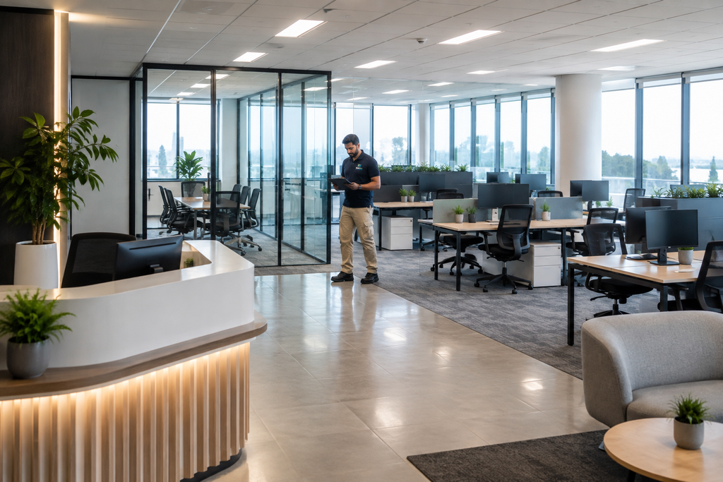 Spotless Hobart commercial office after professional cleaning with Westlife Australia cleaner inspecting the workplace