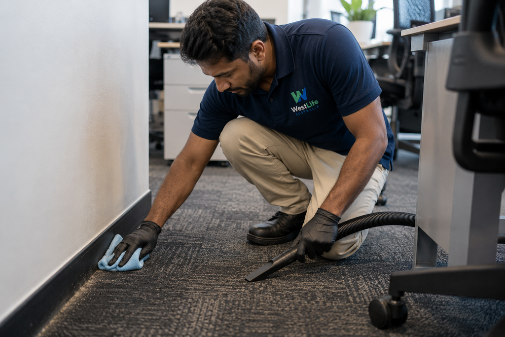 Westlife Australia cleaner removing dust from floor edges and skirting boards in a Hobart office