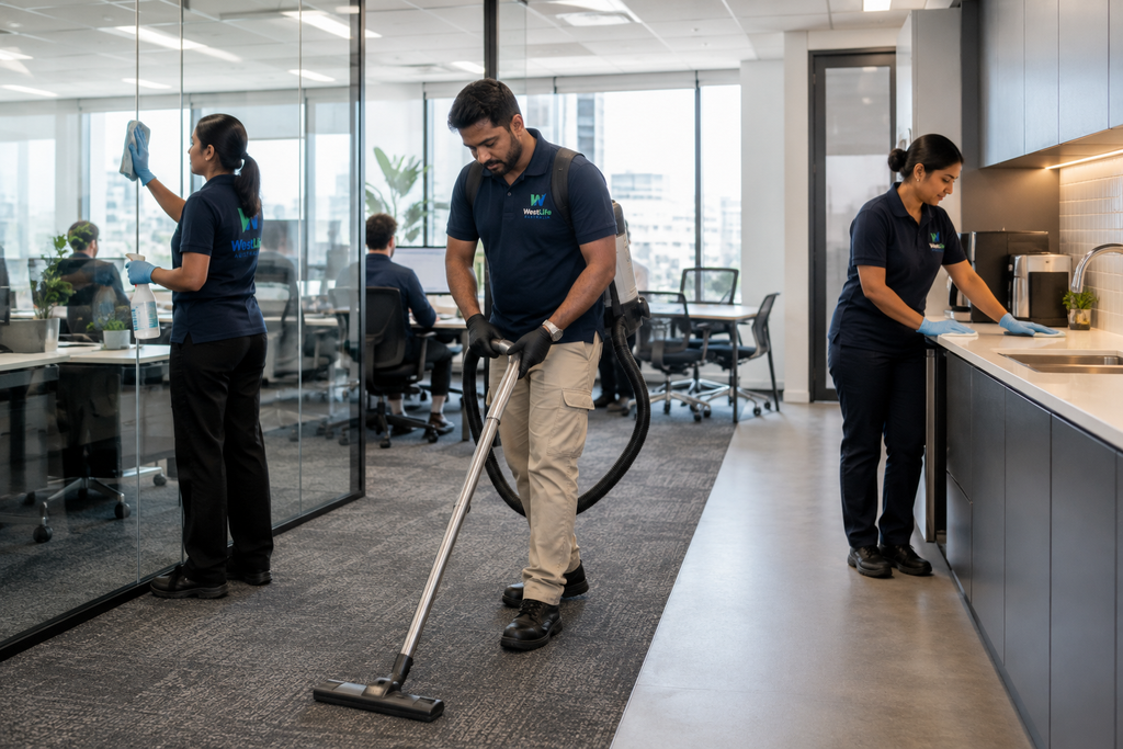 Westlife Australia cleaning team vacuuming floors, cleaning glass and maintaining a Hobart office