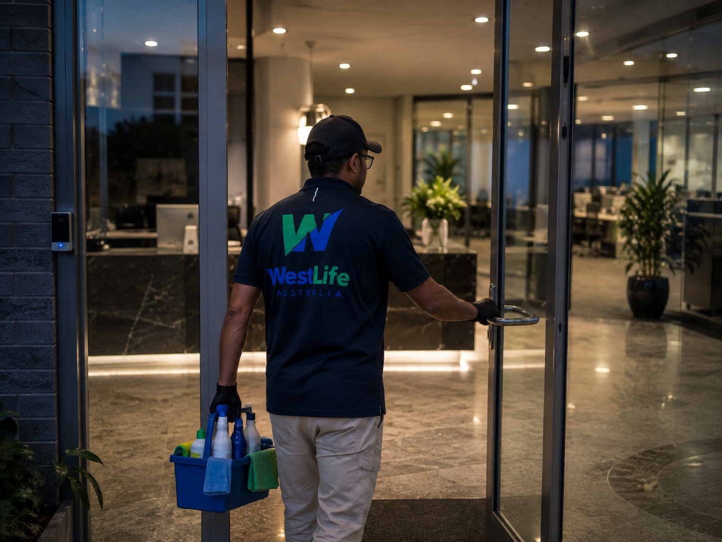 After hours office cleaners in Hobart entering a secure commercial office for evening cleaning