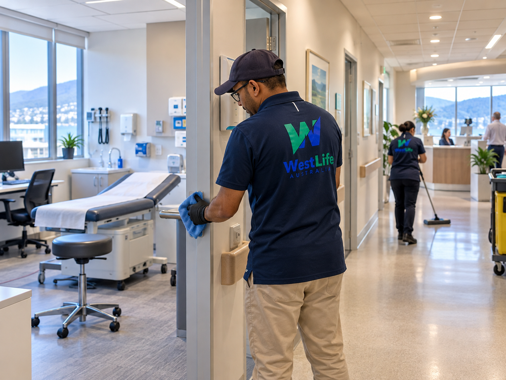 Professional cleaner following a structured medical centre cleaning routine in Hobart