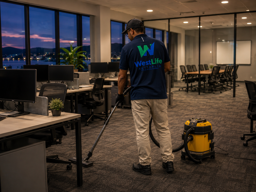 After hours office cleaners in Hobart vacuuming a modern commercial office after employees leave