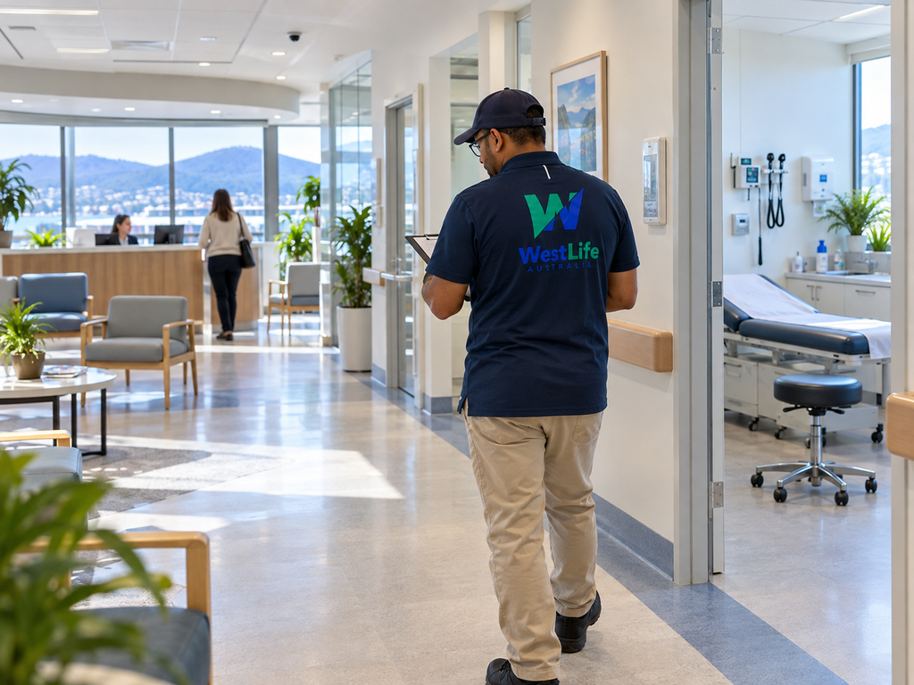 Westlife Australia Cleaner completing a final inspection after professional medical centre cleaning in Hobart