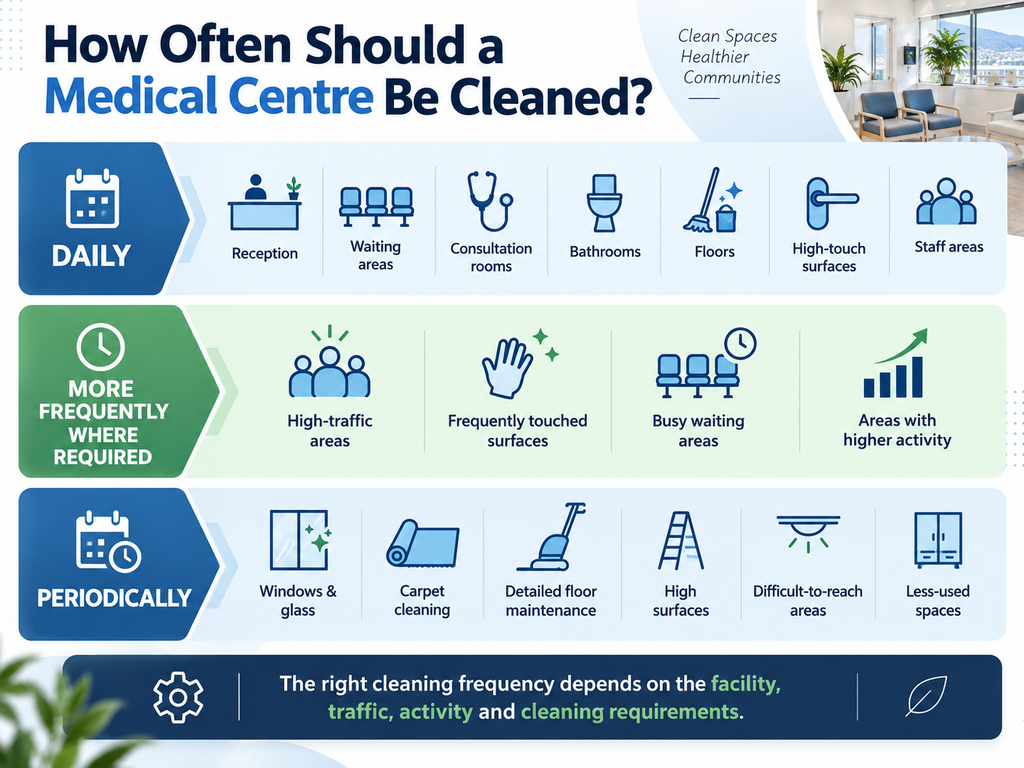 Medical centre cleaning frequency infographic showing daily, frequent and periodic cleaning tasks