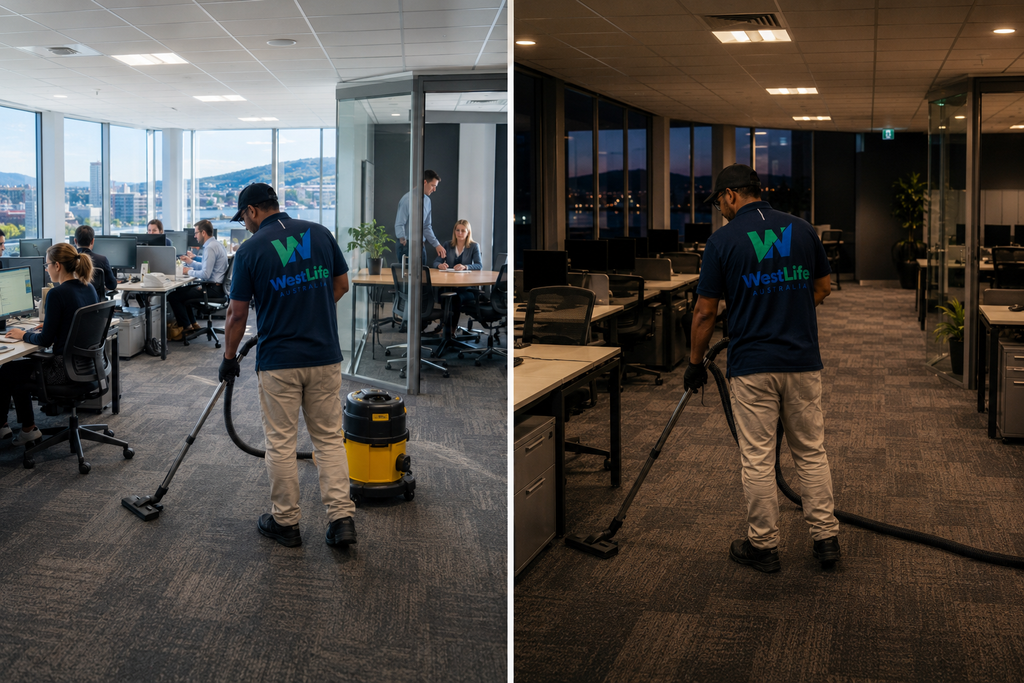 After hours office cleaners in Hobart compared with daytime cleaning in a busy modern office