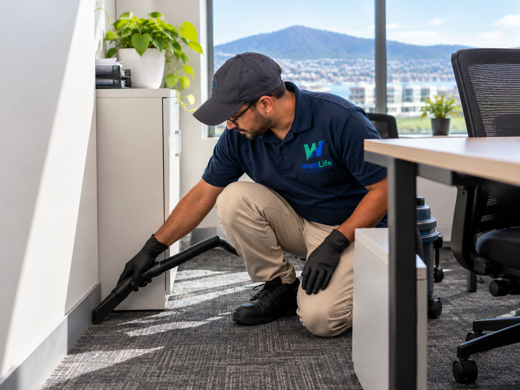 Westlife Australia professional cleaner vacuuming floor edges during office cleaning in Hobart.Â
