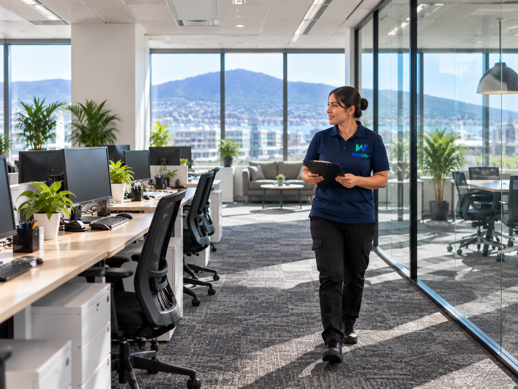 Westlife Australia professional cleaner inspecting a freshly cleaned modern office after spring cleaning in Hobart.Â