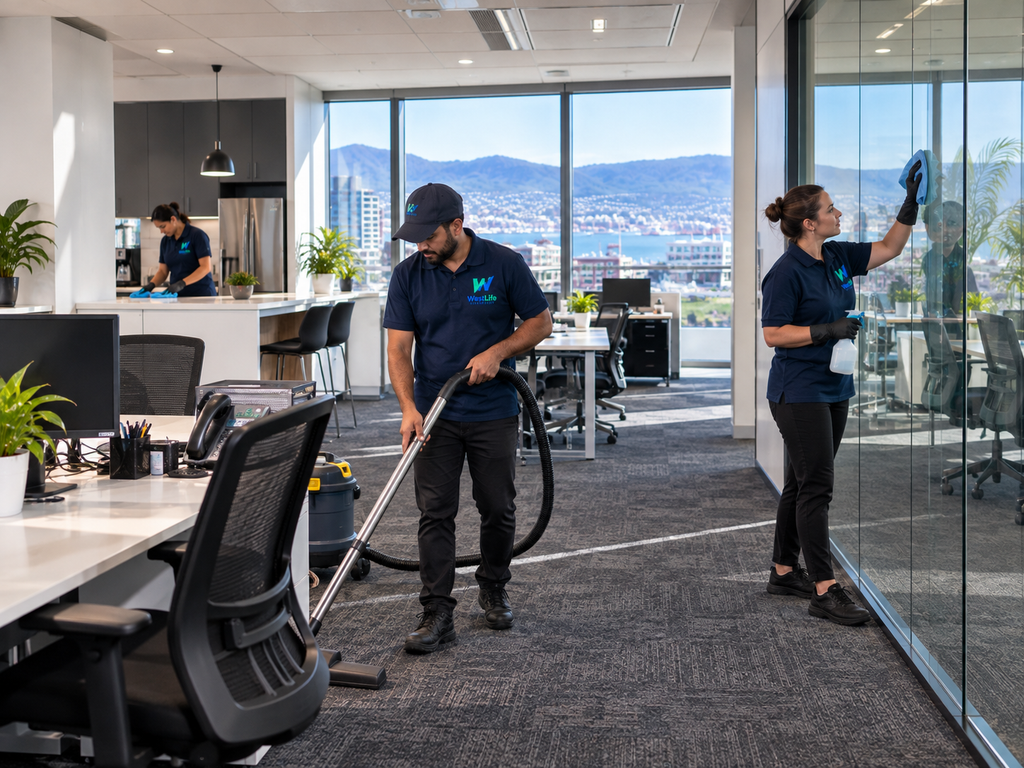 Team of professional cleaners providing office cleaning services in Hobart across a modern Australian workplace.