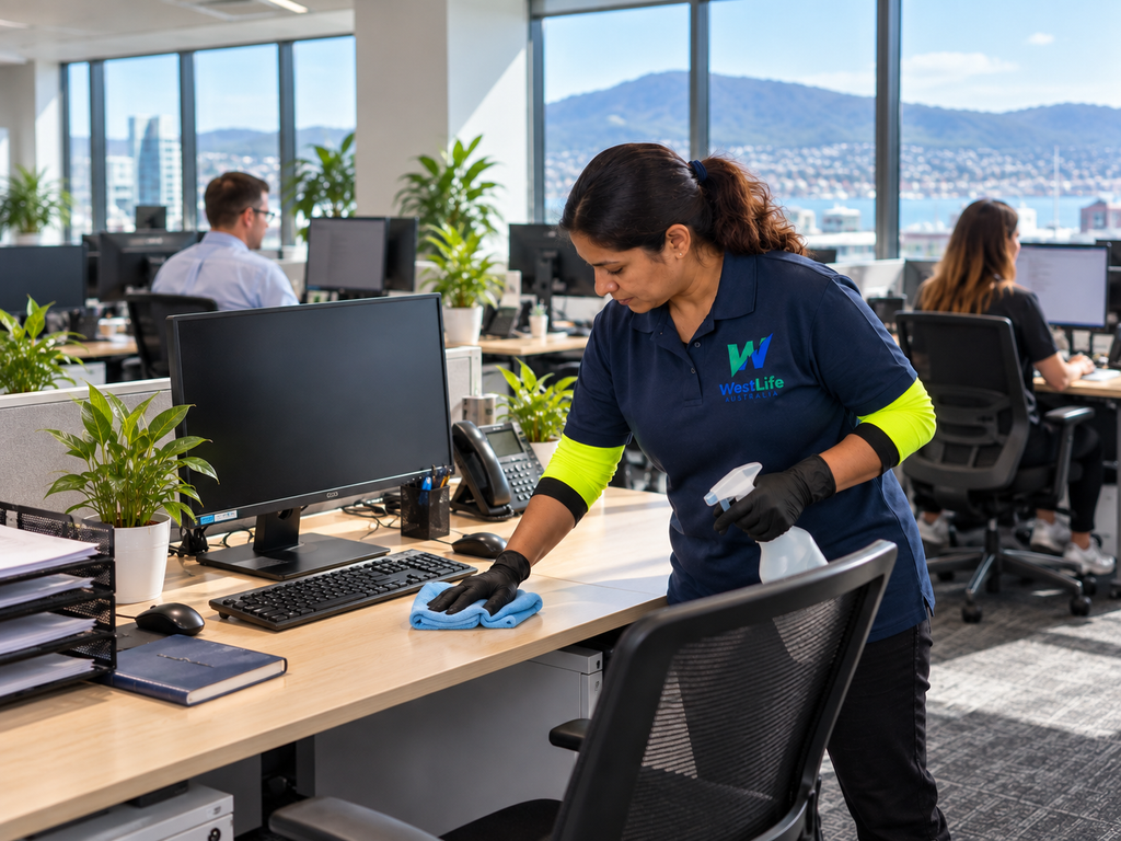 Westlife Australia professional cleaner wiping a workstation during an office cleaning service in HobartÂ