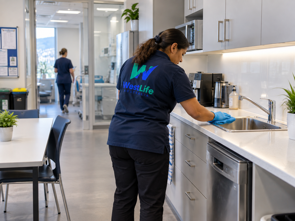 Westlife Australia Cleaner sanitising a staff kitchen inside a medical centre in Hobart