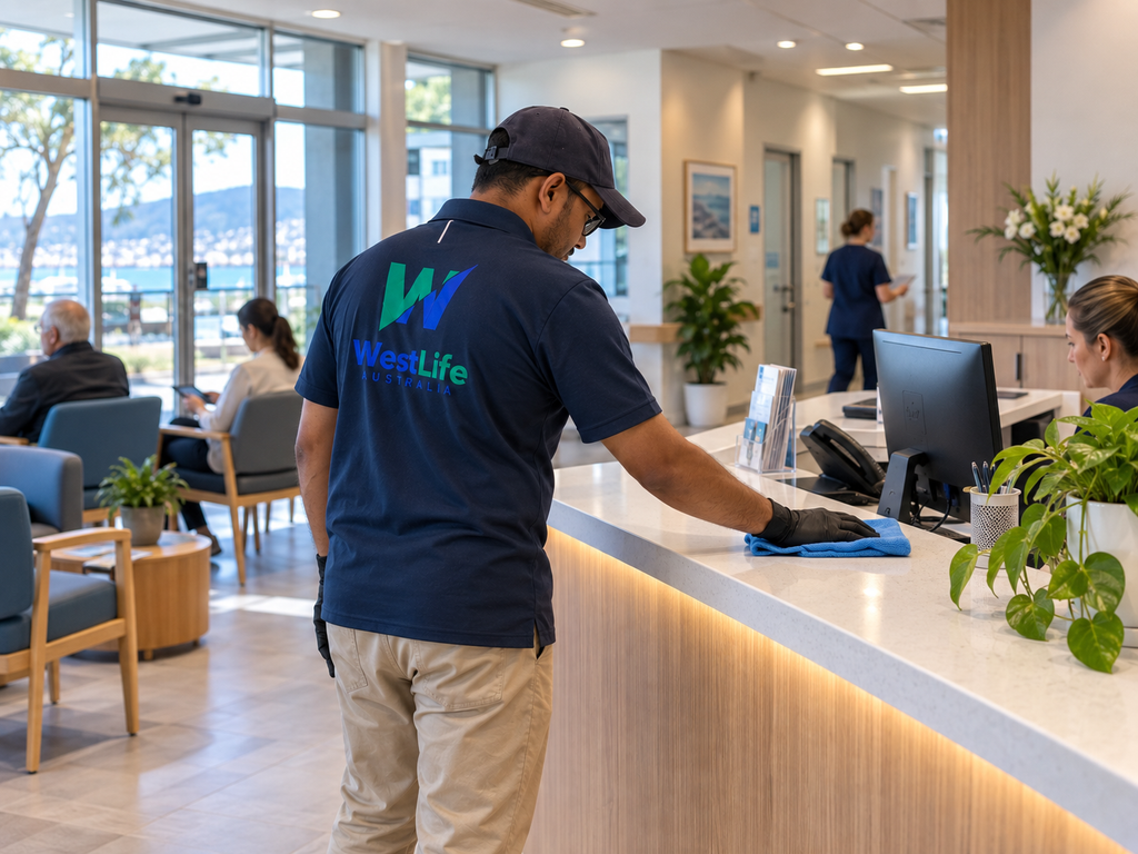 Westlife Australia Professional cleaner sanitising a medical centre reception area in Hobart