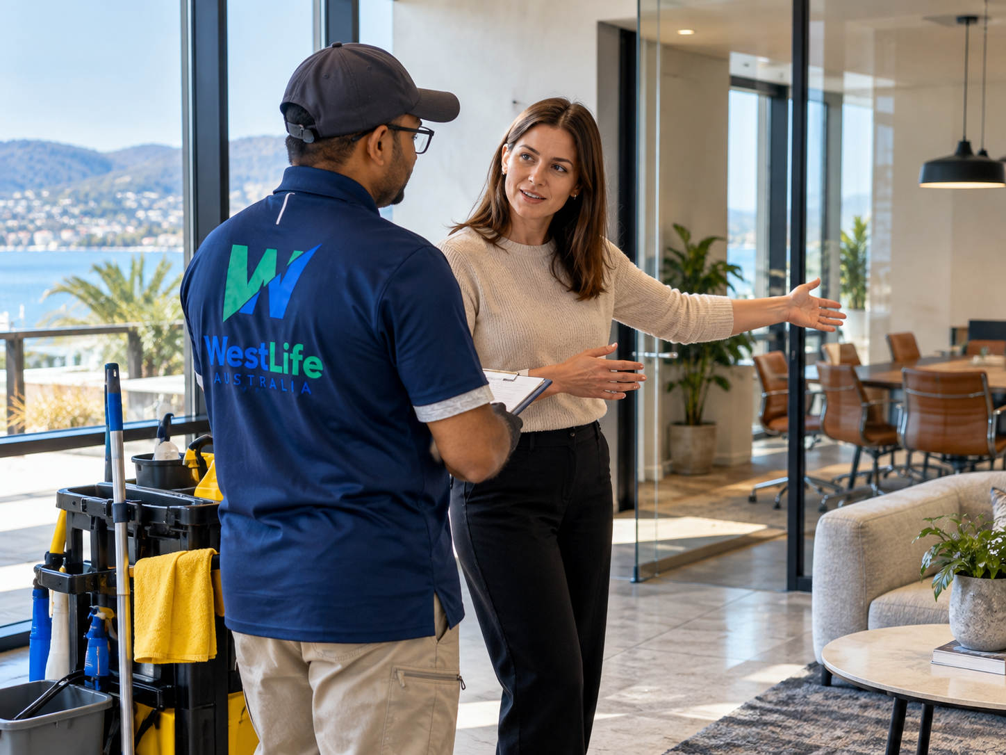 Professional cleaner discussing cleaning requirements with a property owner in Hobart.