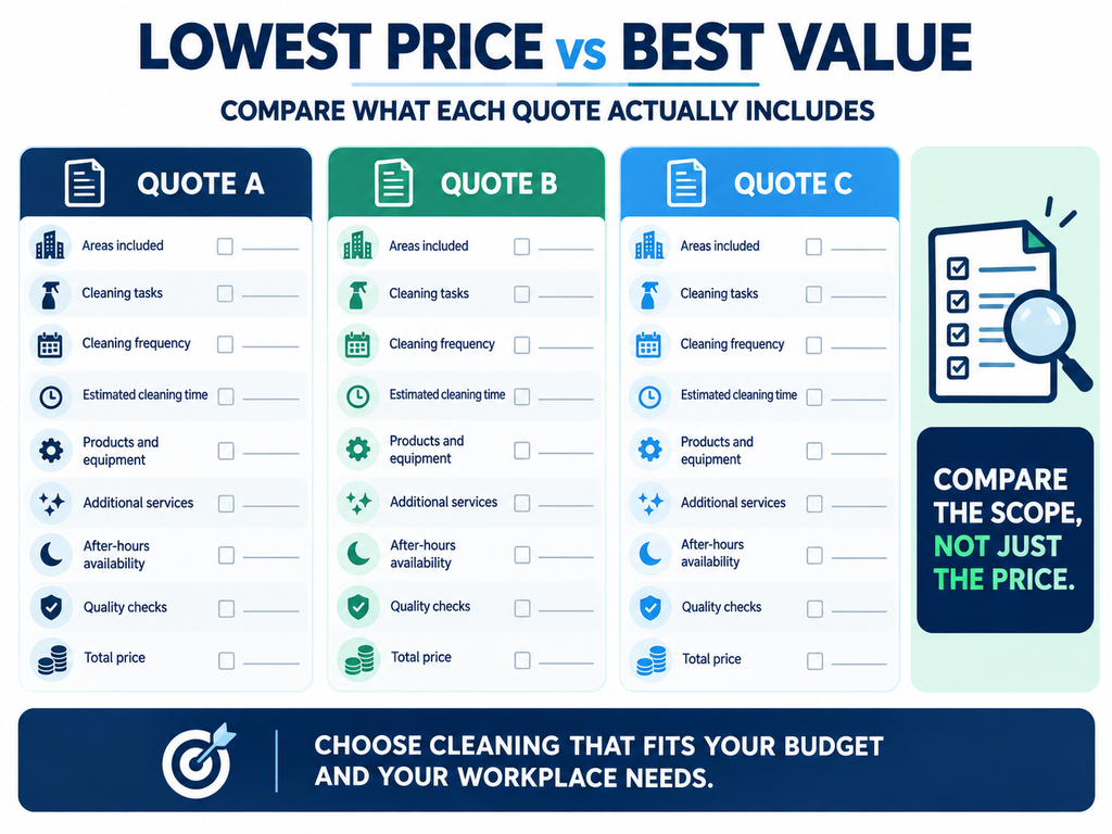 Checklist for comparing commercial cleaning quotes in Hobart by scope, frequency, services and total price.