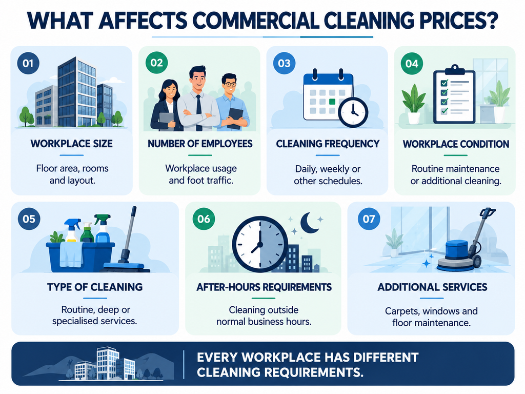 Factors affecting commercial cleaning prices in Hobart, including workplace size, frequency and additional services.