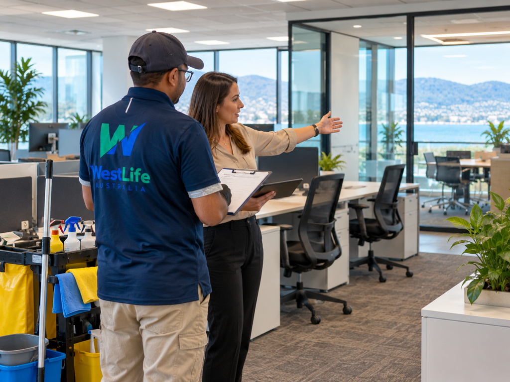 Commercial cleaner discussing office cleaning requirements with a workplace manager in Hobart.