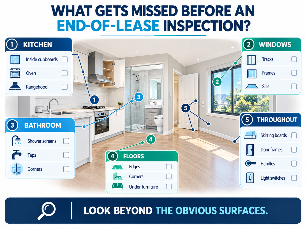 Infographic showing commonly missed areas during end of lease cleaning in Hobart