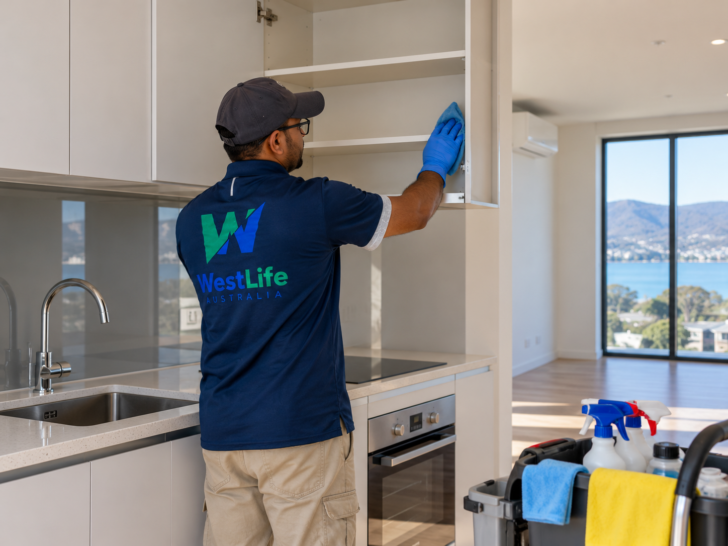 Professional cleaner completing end of lease cleaning in a Hobart rental property before inspection.