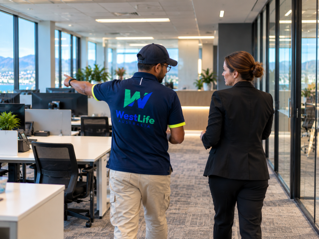 Commercial cleaning site assessment and planning meeting in a Hobart office