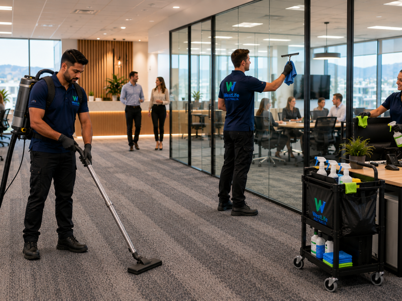 Professional commercial cleaners providing office cleaning services in Hobart for a modern business workplace.