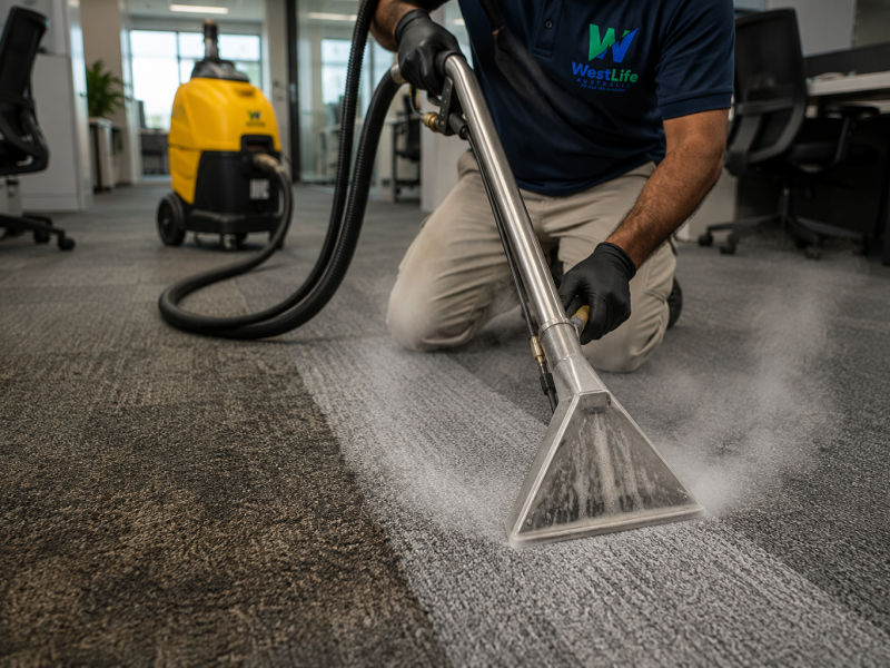 Steam carpet cleaning in progress showing deep extraction of dirt from office flooring.