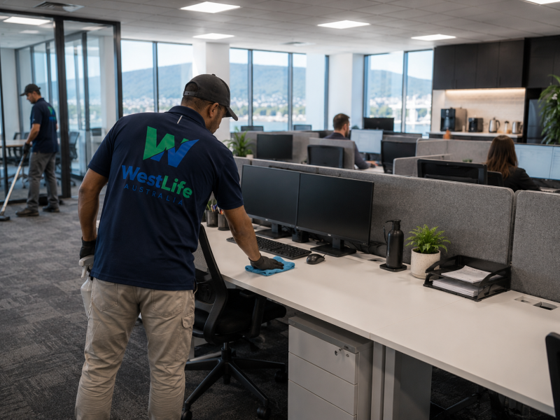 Professional cleaner inspecting a commercial office in Hobart
