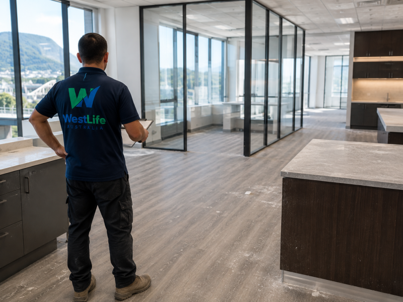 Professional cleaner inspecting a newly completed commercial building for construction dust in Hobart.